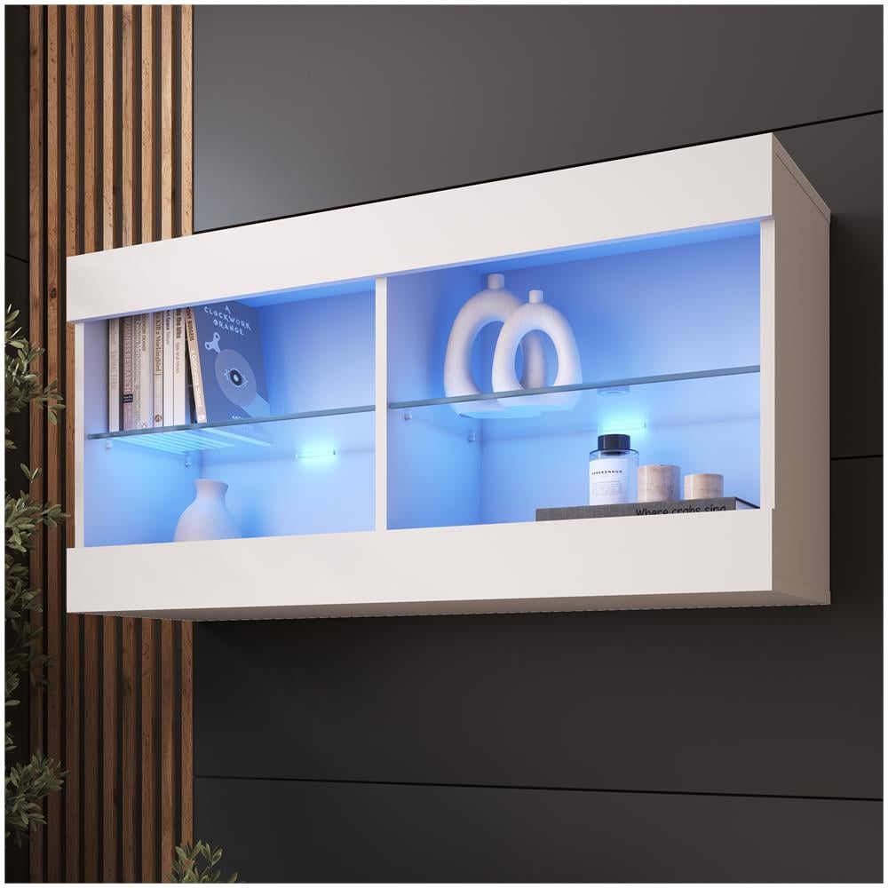 Komodee Tivoli Horizontal 100 Vetrina Sospesa, Bianco/bianco, Illuminazione Led Blu, Larghezza 100 Cm X Altezza 50 Cm X Profondità 29 Cm, Per Soggiorno, Sala Da Pranzo - Foto 1