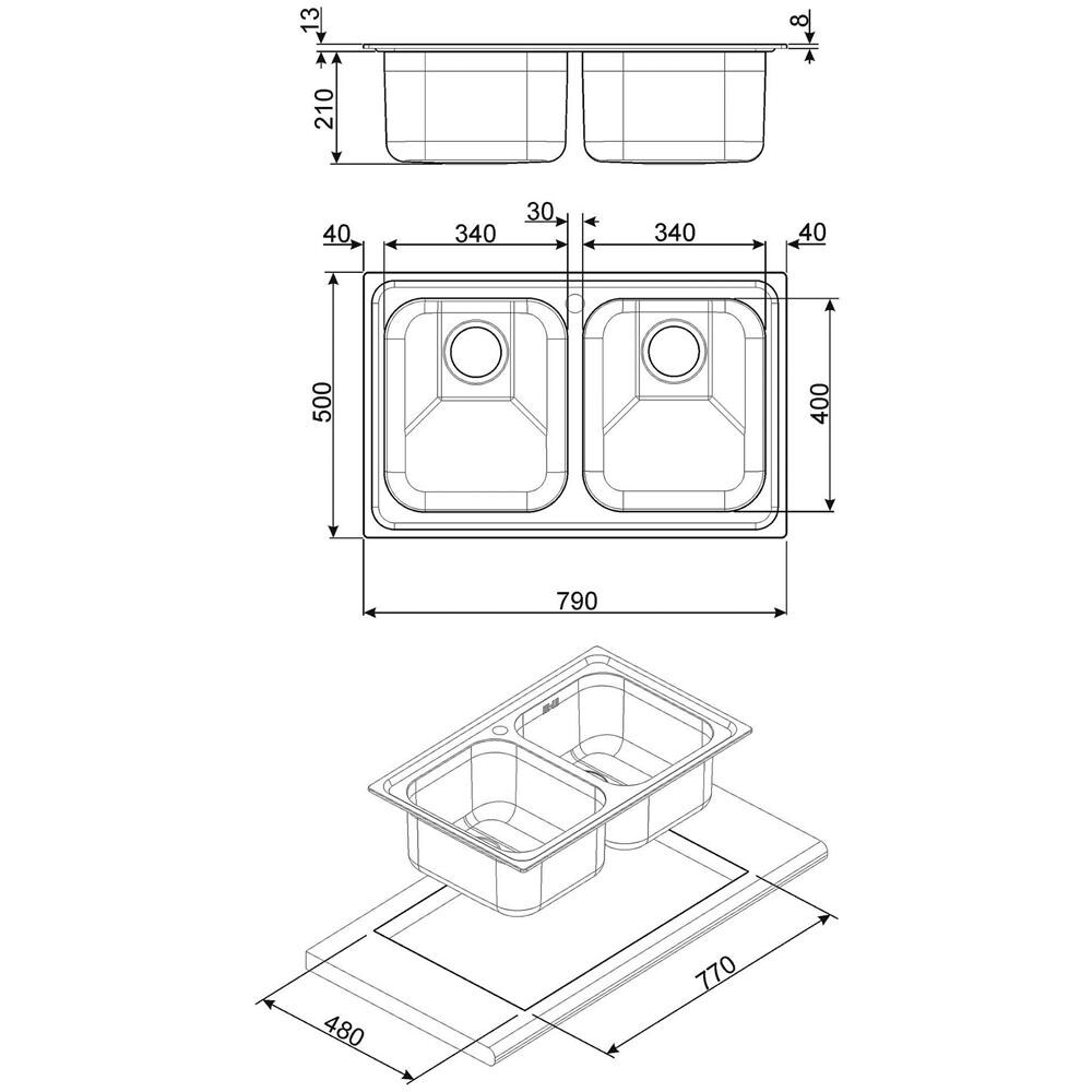 SP792-2 Serie Alba Lavello da incasso in Acciaio Inox Satinato con 2 Vasche Dimensioni 79 x 50 cm  - Foto 2