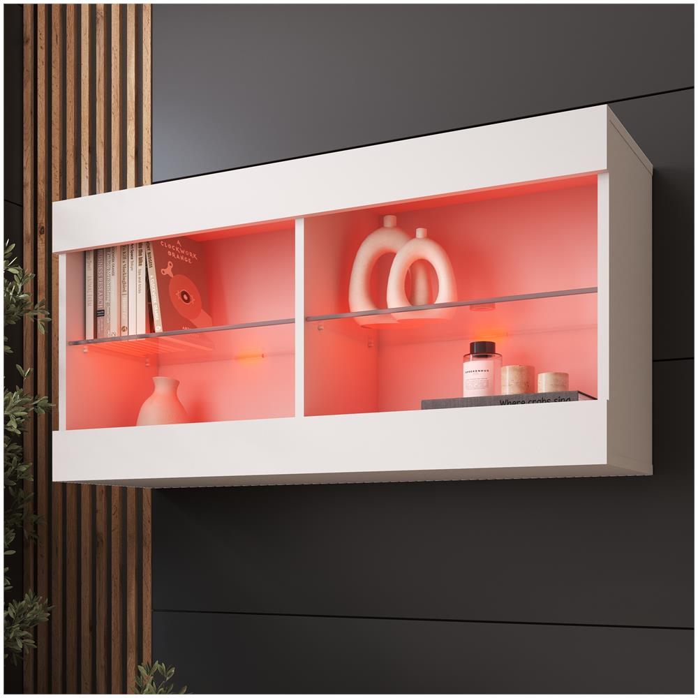Komodee Tivoli Horizontal 100 Vetrina Sospesa, Bianco/bianco, Illuminazione Led Multicolore Rgb, Larghezza 100 Cm X Altezza 50 Cm X Profondità 29 Cm, Per Soggiorno, Sala Da Pranzo - Foto 1