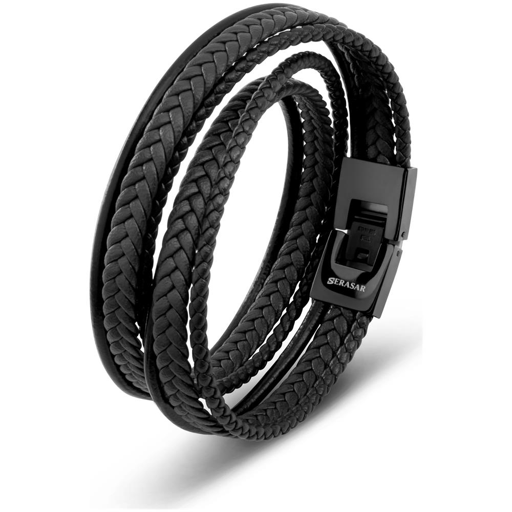 Bracciale in Pelle da Uomo, ""Wrap"", 46cm, Nero - Foto 1