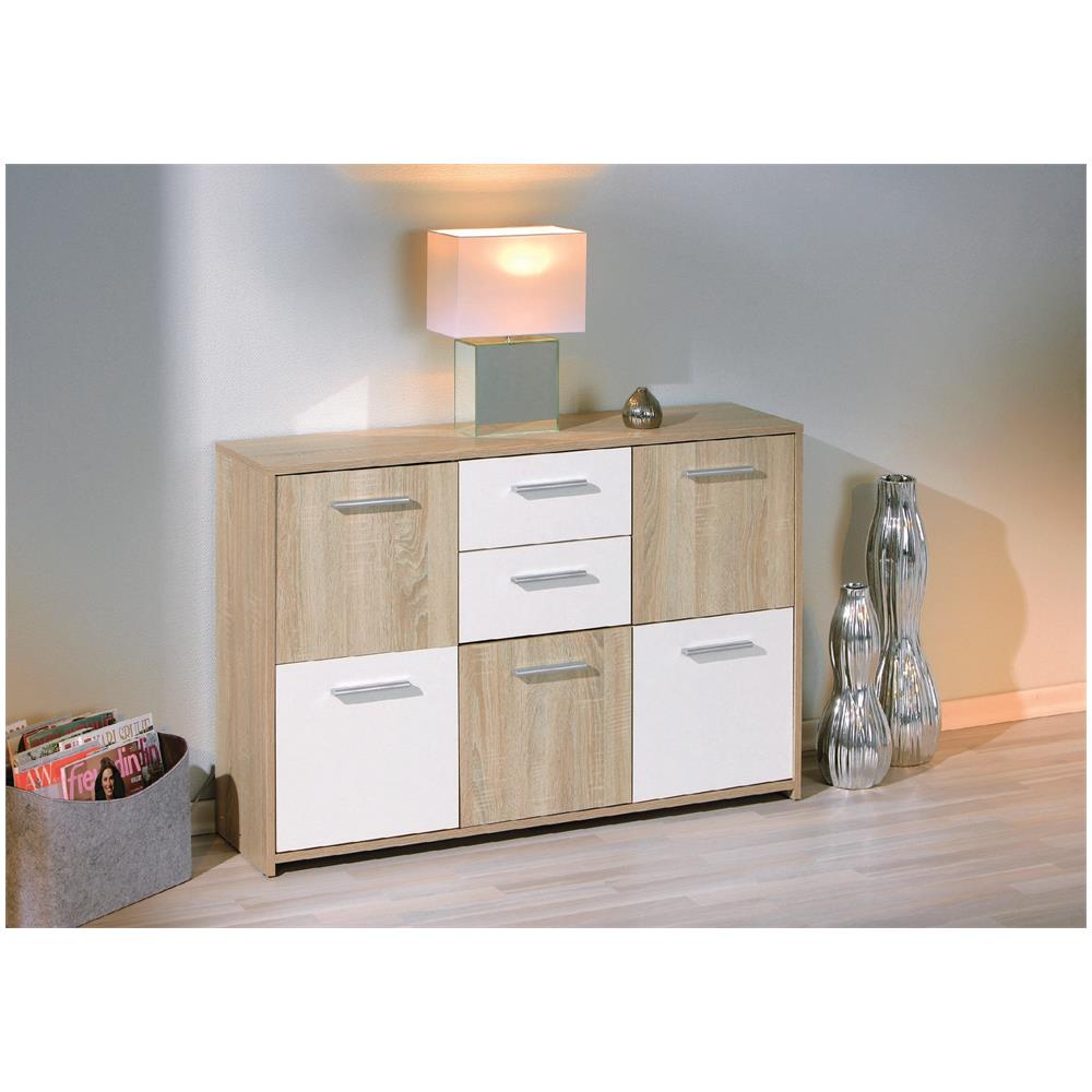 Credenza A Cinque Ante E Due Cassetti Nella Parte Centrale, Colore Bianco E Rovere, Misure 115 X 77 X 30 Cm - Foto 1