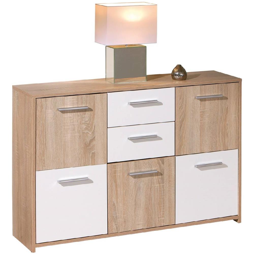 Credenza A Cinque Ante E Due Cassetti Nella Parte Centrale, Colore Bianco E Rovere, Misure 115 X 77 X 30 Cm - Foto 2