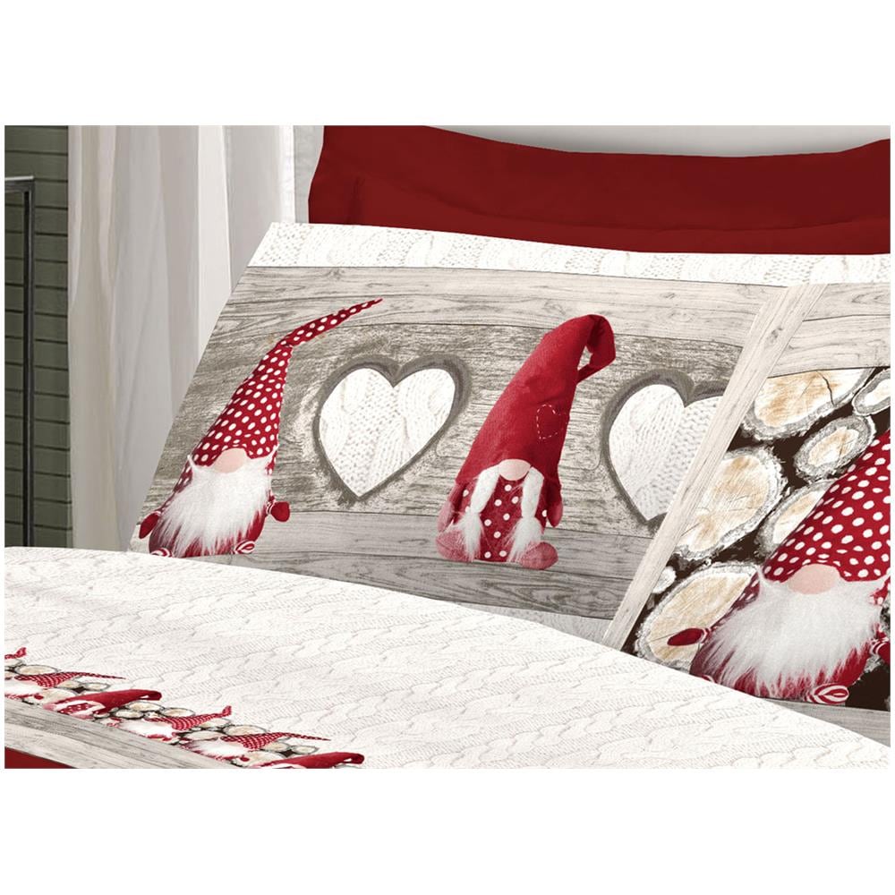 Completo Lenzuola Flanella Pensieri Delicati 100% Cotone Disegno Gnomi Matrimoniale Rosso - Foto 2
