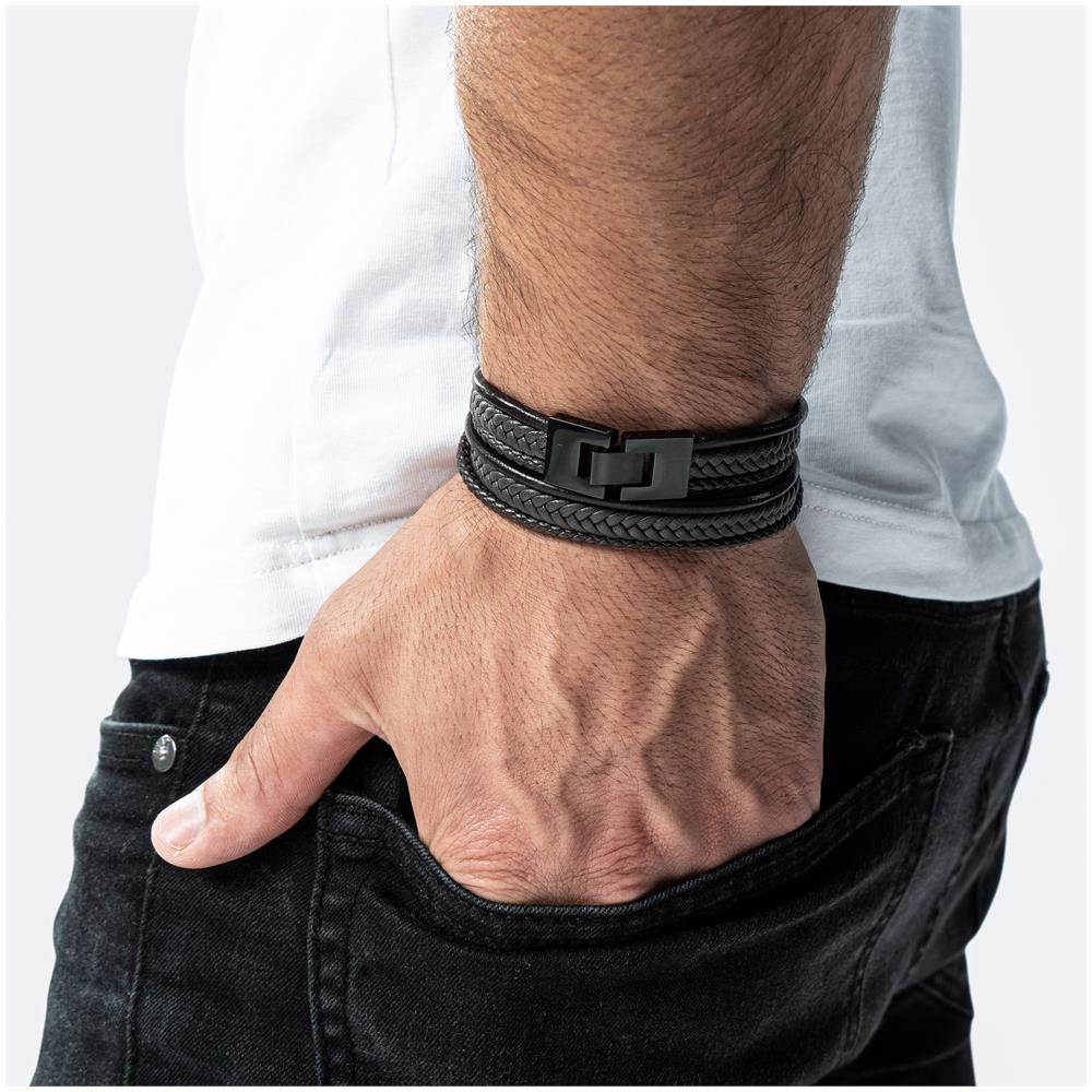 Bracciale in Pelle da Uomo, ""Wrap"", 40cm, Nero - Foto 2