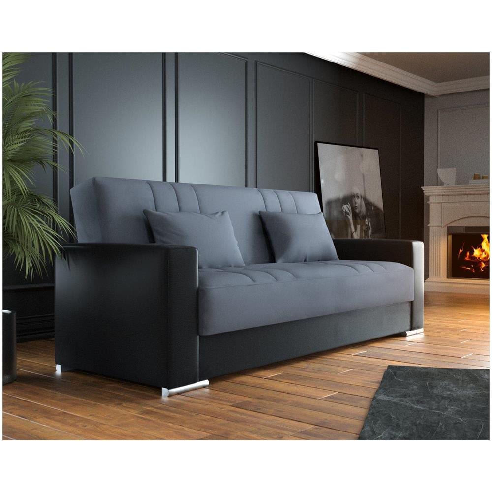 Divano Letto Sergio, Divano Letto Contenitore A 3 Posti In Ecopelle E Tessuto, Sofà Da Soggiorno Con Apertura Click-clack E 2 Cuscini Inclusi, 230 X96h101 Cm, Nero E Grigio - Foto 1