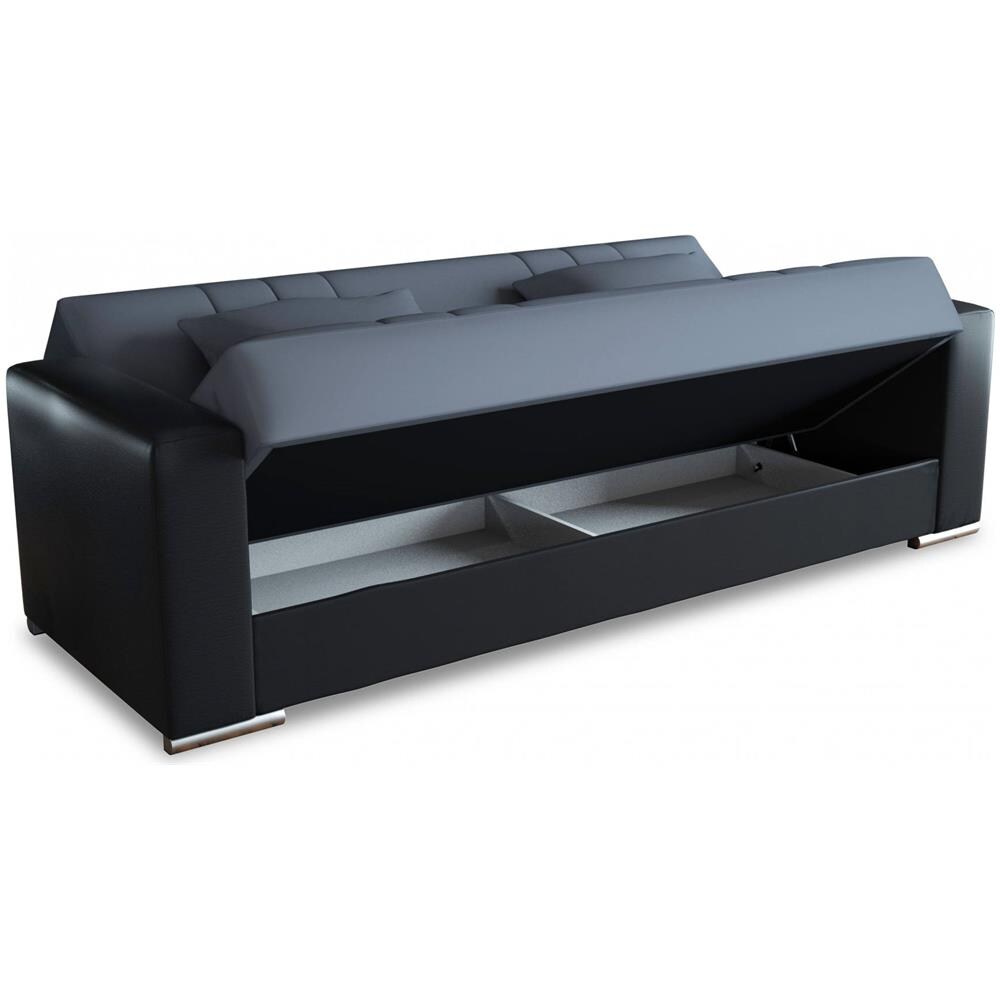 Divano Letto Sergio, Divano Letto Contenitore A 3 Posti In Ecopelle E Tessuto, Sofà Da Soggiorno Con Apertura Click-clack E 2 Cuscini Inclusi, 230 X96h101 Cm, Nero E Grigio - Foto 3