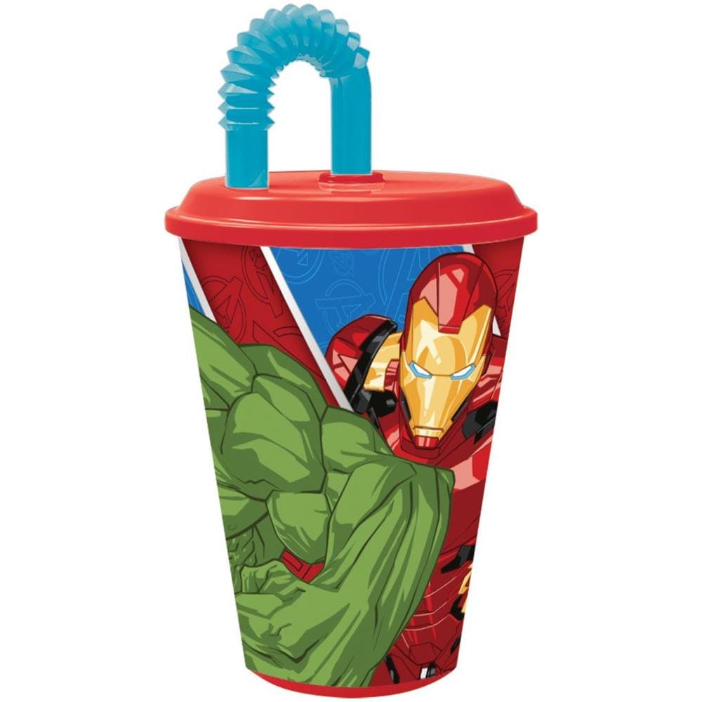 Bicchiere Rosso E Blu Per Bambini In Plastica Avengers Iron Man Hulk 430 Ml Con Cannuccia E Coperchio Flessibile - Foto 1