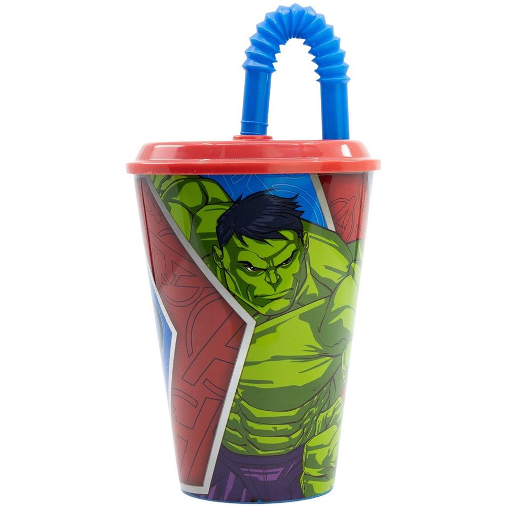 Bicchiere Rosso E Blu Per Bambini In Plastica Avengers Iron Man Hulk 430 Ml Con Cannuccia E Coperchio Flessibile - Foto 2