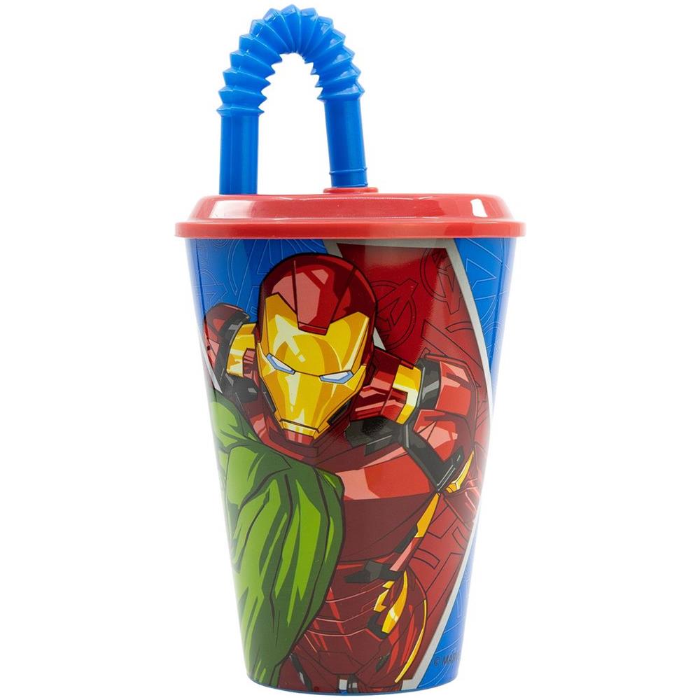 Bicchiere Rosso E Blu Per Bambini In Plastica Avengers Iron Man Hulk 430 Ml Con Cannuccia E Coperchio Flessibile - Foto 3
