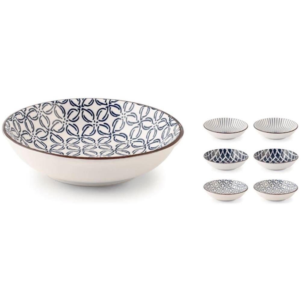 Set 6 coppette Seta assortite in porcellana avorio decorata blu cm 14x2,5h - Foto 1