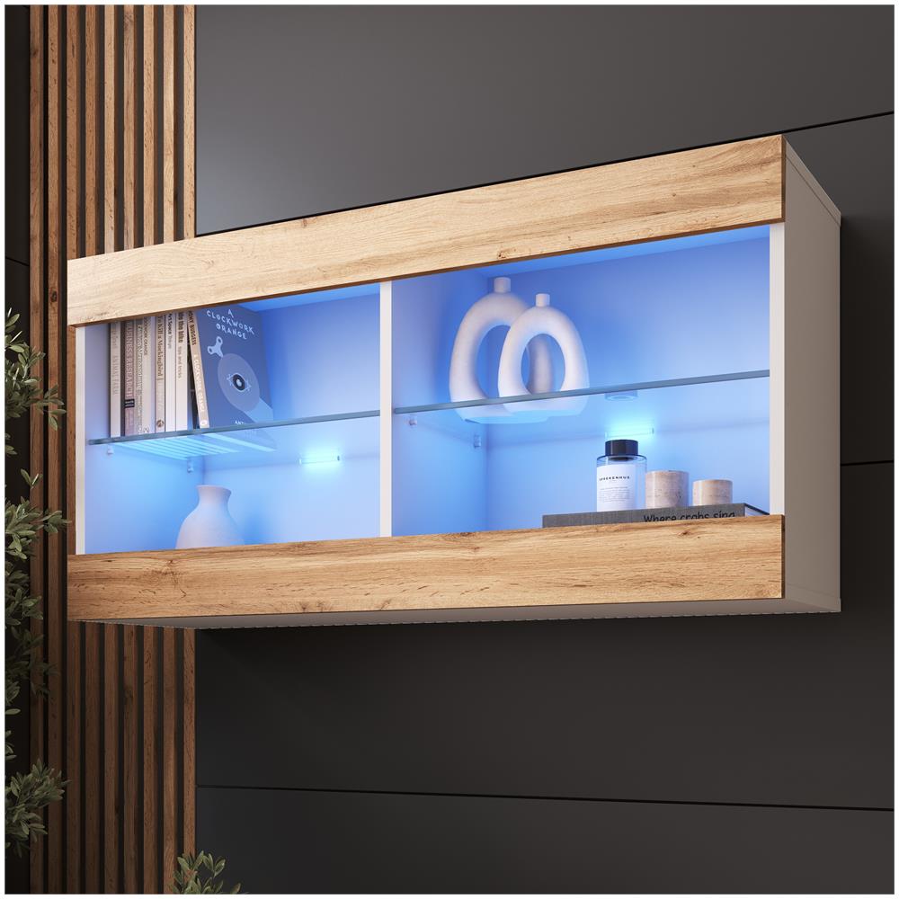 Komodee Tivoli Horizontal 100 Vetrina Sospesa, Bianco/rovere Wotan, Illuminazione Led Blu, Larghezza 100 Cm X Altezza 50 Cm X Profondità 29 Cm, Per Soggiorno, Sala Da Pranzo - Foto 1
