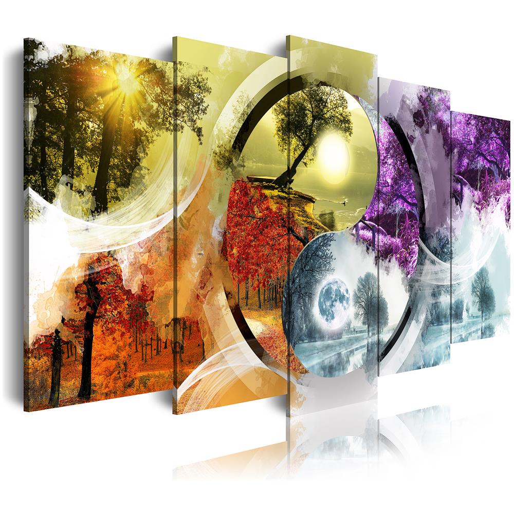 Quadro Moderno Su Tela Montato Su Telaio In Legno Di 5 Pezzi, Design Yin E Yang Quattro Stagioni, 150x80cm - Foto 1