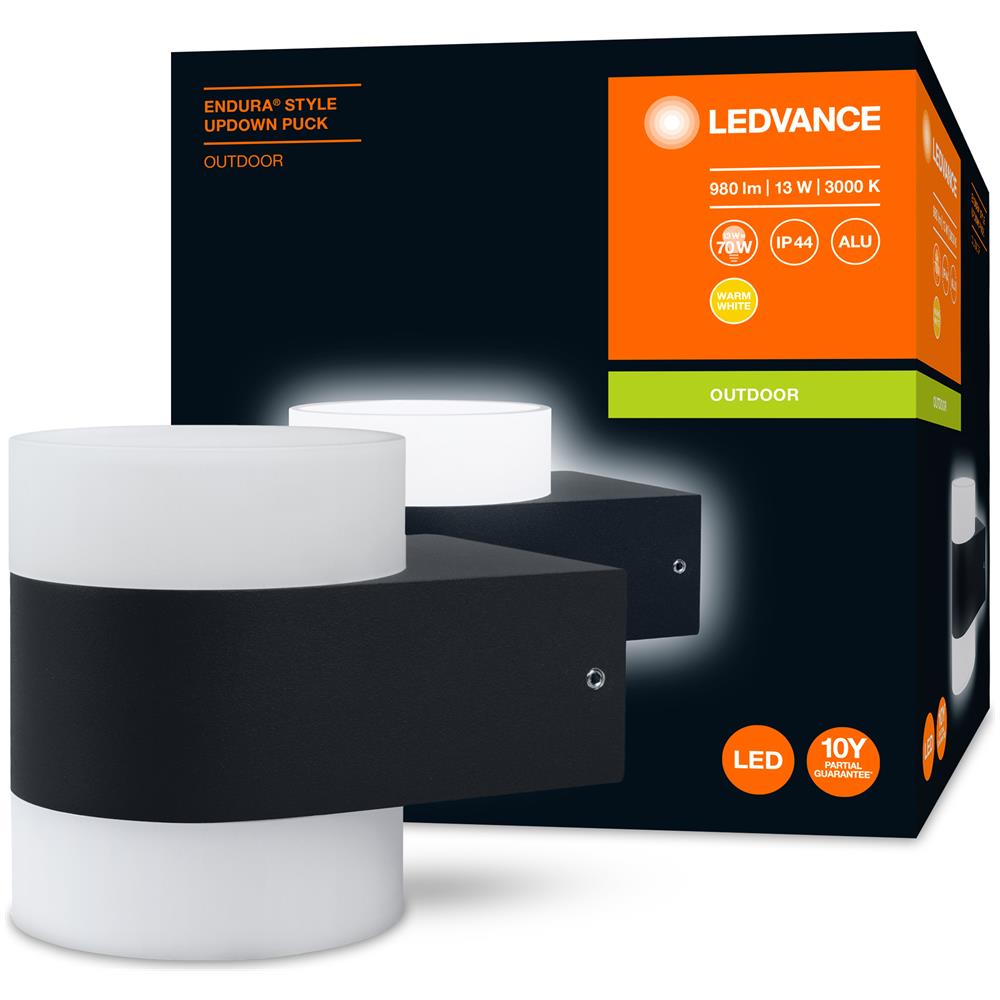 Ledvance Apparecchio Led A Parete E A Soffitto, Lampada Da Esterno, Endura® Style Updown Puck / 12,50 W, 220…240 V, Ampiezza Fascio Luminoso: 110°, Bianco Caldo, 3000 K, Materiale: Alluminio, Ip44 - Foto 2