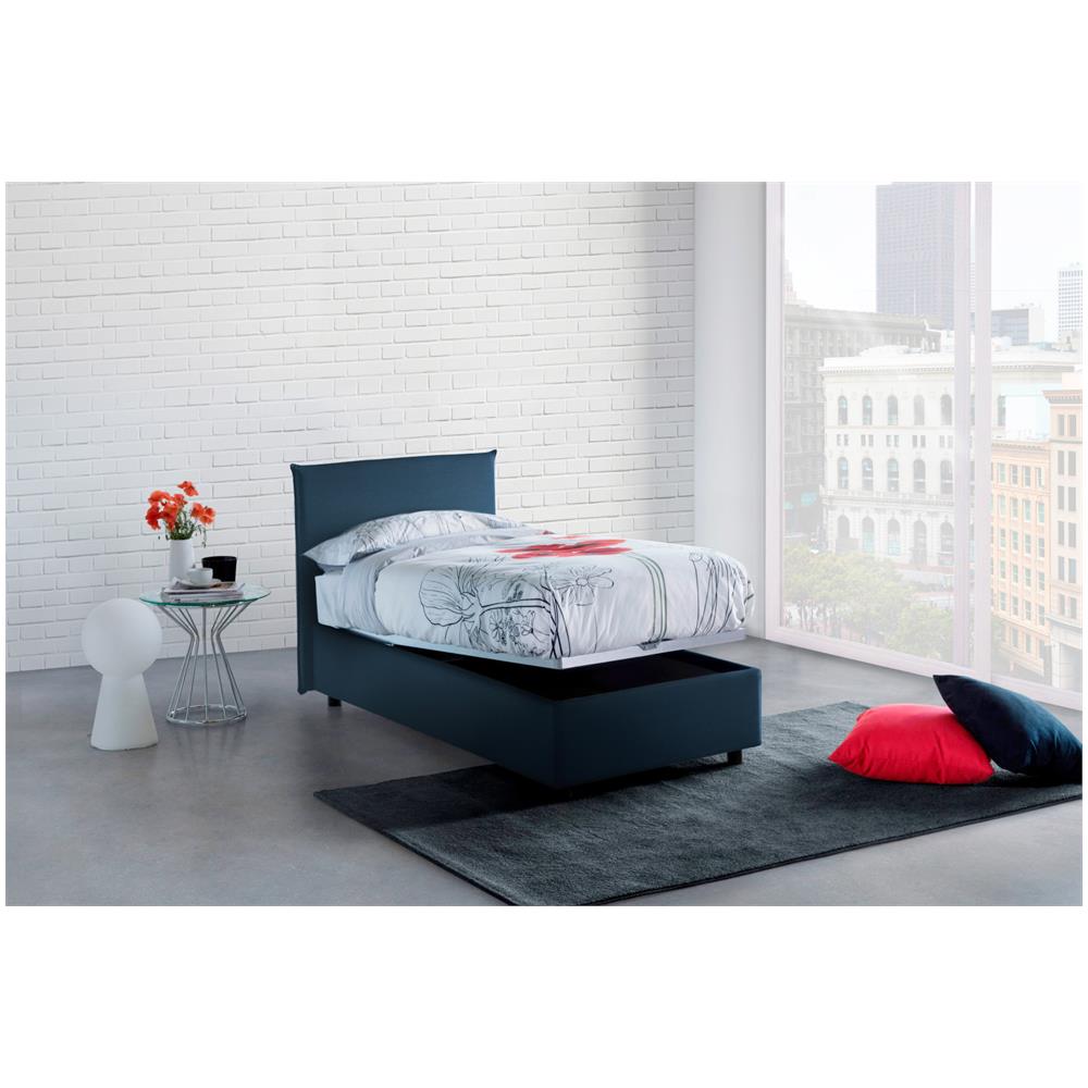 Letto Singolo Brunella, Letto Contenitore Con Rivestimento In Tessuto, 100% Made In Italy, Apertura Frontale, Con Materasso Cm 80x190 Incluso, Blu - Foto 2