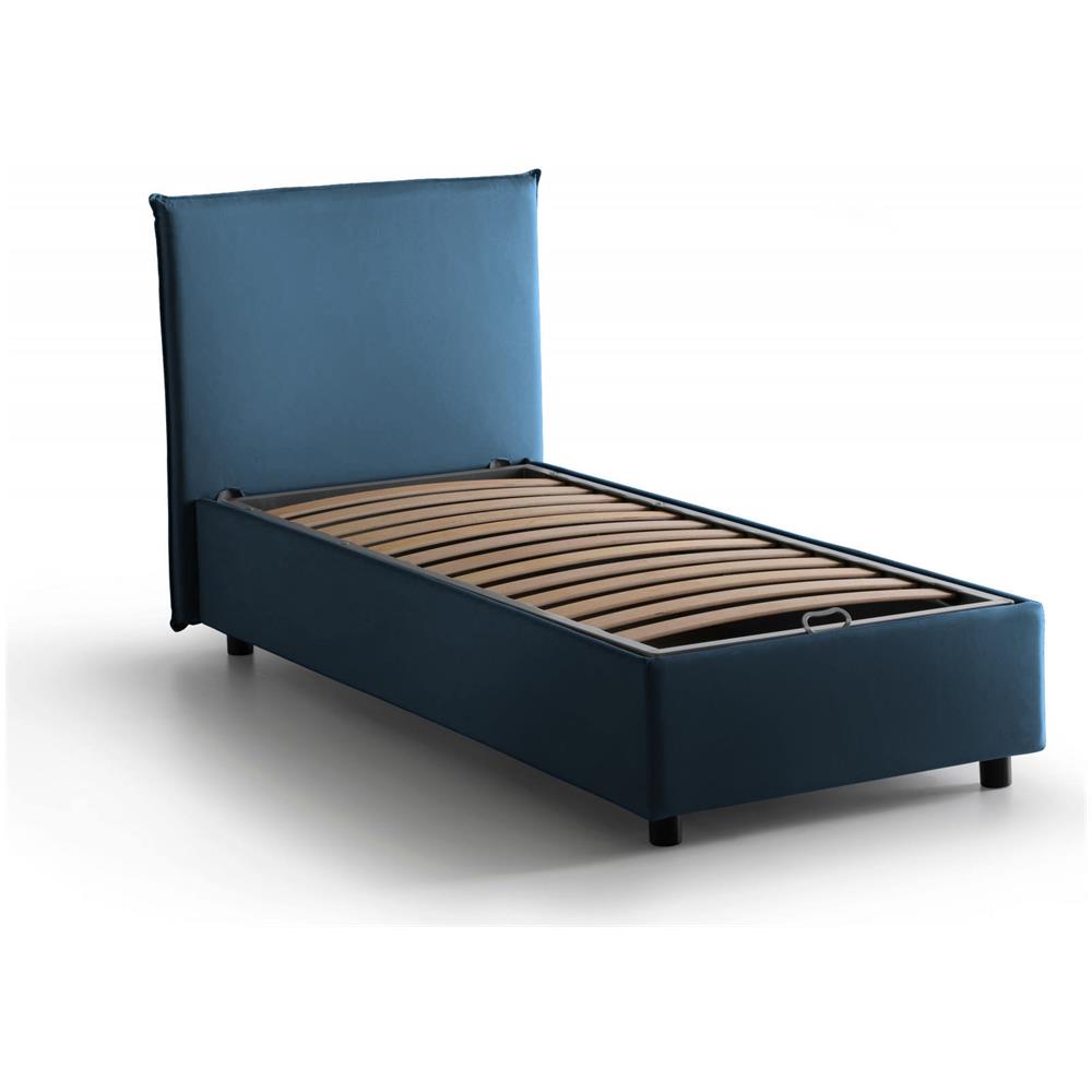 Letto Singolo Brunella, Letto Contenitore Con Rivestimento In Tessuto, 100% Made In Italy, Apertura Frontale, Con Materasso Cm 80x190 Incluso, Blu - Foto 4