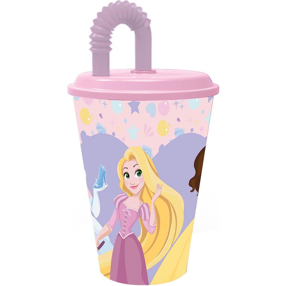 Disney Bicchiere Rosa E Lilla Per Bambine In Plastica Principesse Belle Cenerentola Rapunzel 430 Ml Con Cannuccia E Coperchio Flessibile - Foto 1