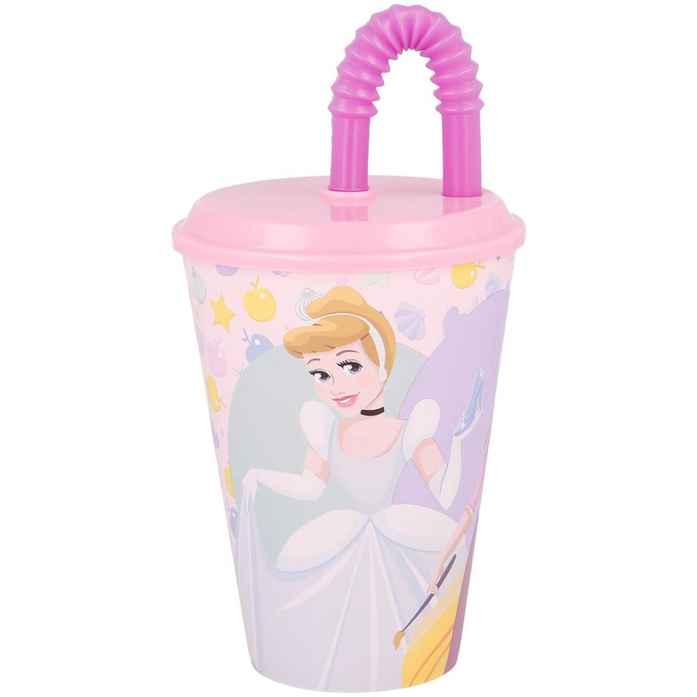Disney Bicchiere Rosa E Lilla Per Bambine In Plastica Principesse Belle Cenerentola Rapunzel 430 Ml Con Cannuccia E Coperchio Flessibile - Foto 2