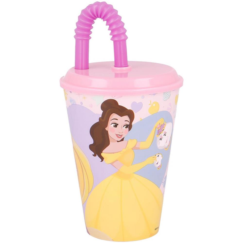 Disney Bicchiere Rosa E Lilla Per Bambine In Plastica Principesse Belle Cenerentola Rapunzel 430 Ml Con Cannuccia E Coperchio Flessibile - Foto 3