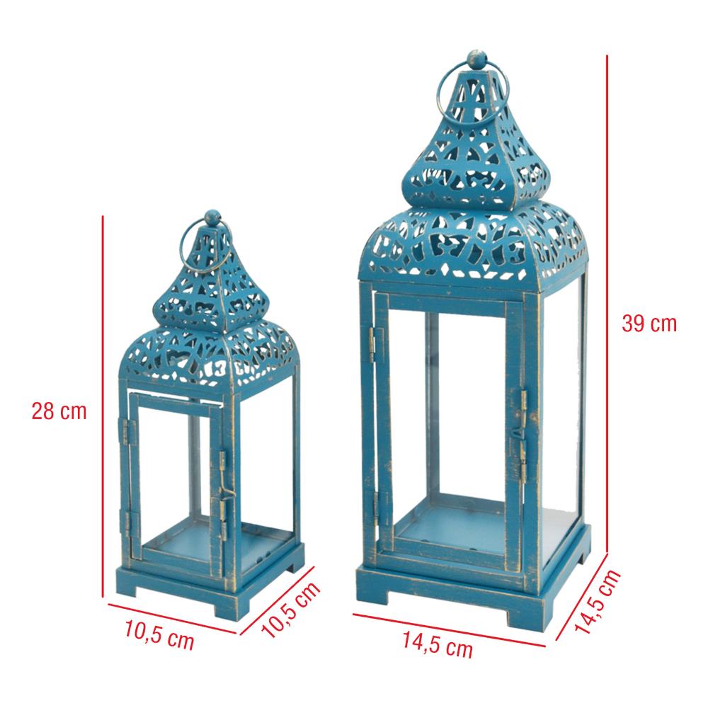 Set Lanterne Portacandele Azzurre Metallo Vetro 39x14,5x14,5 - Foto 2