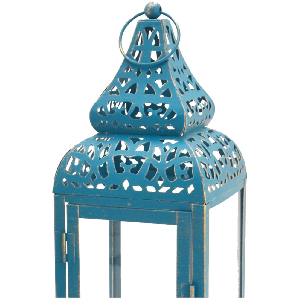 Set Lanterne Portacandele Azzurre Metallo Vetro 39x14,5x14,5 - Foto 4