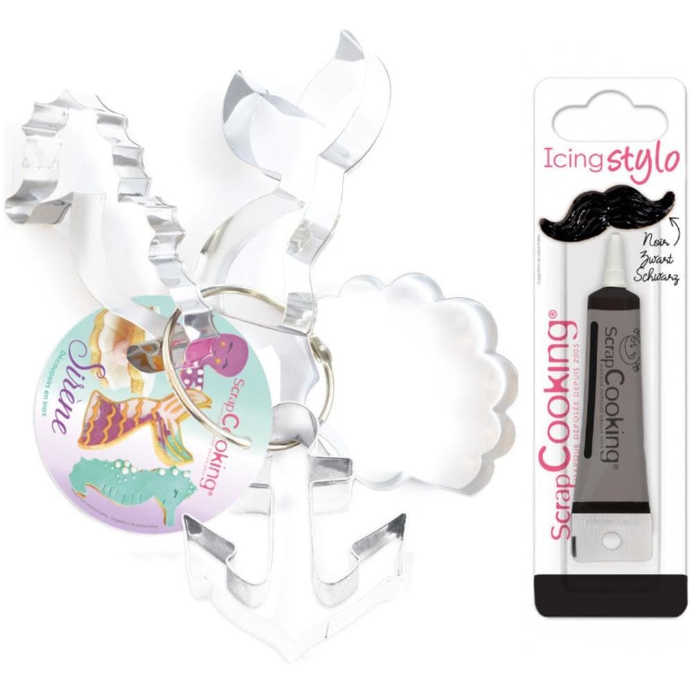 4 Tagliabiscotti In Acciaio Inox Sirena + Penna Per Glassa Nera - Foto 1