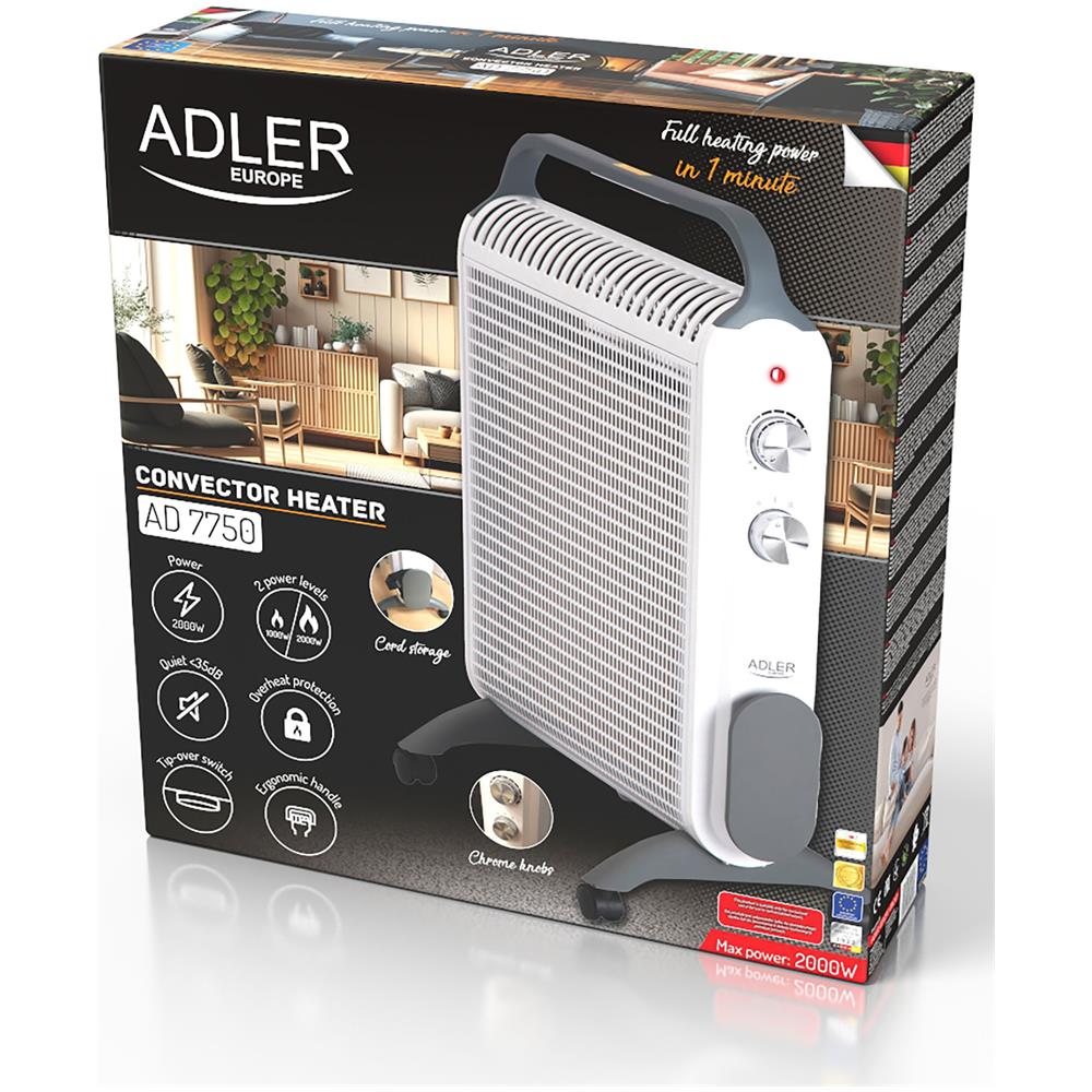 Ad7750 Stufa Elettrica Convettore, Radiatore Elettrico Basso Consumo, Termostato 2000w Bianco - Foto 8