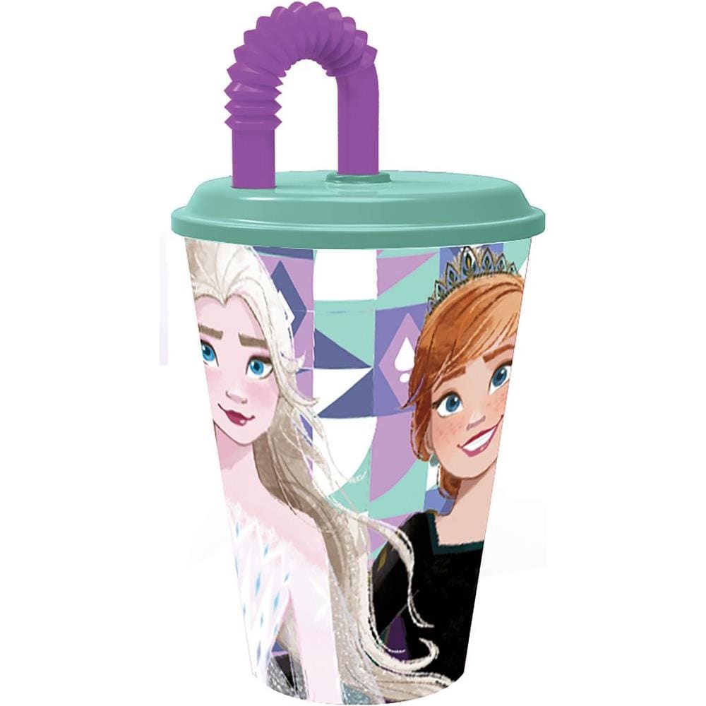 Disney Bicchiere Azzurro E Viola Per Bambine In Plastica Frozen Elsa E Anna 430 Ml Con Cannuccia E Coperchio Flessibile - Foto 1