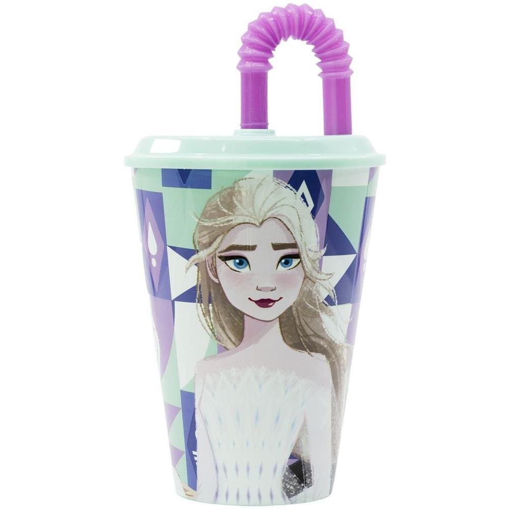 Disney Bicchiere Azzurro E Viola Per Bambine In Plastica Frozen Elsa E Anna 430 Ml Con Cannuccia E Coperchio Flessibile - Foto 2