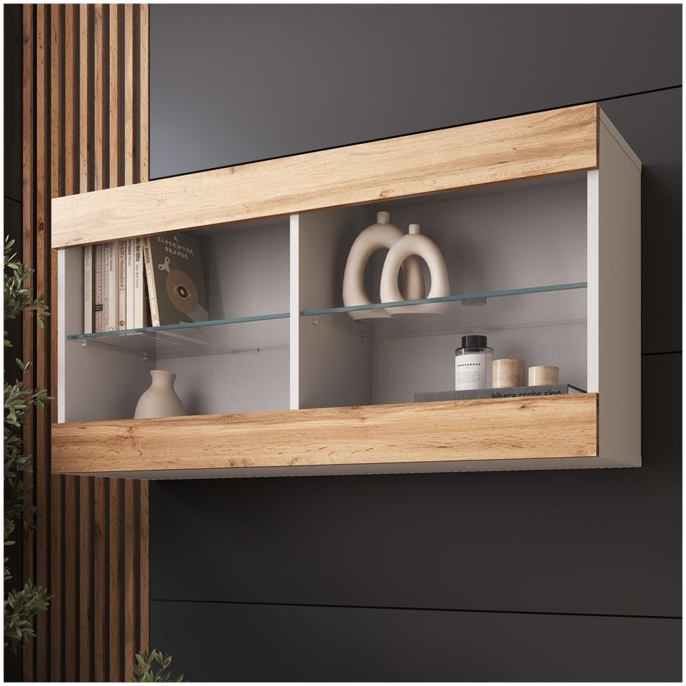 Komodee Tivoli Horizontal 100 Vetrina Sospesa, Bianco/rovere Wotan, Senza Led, Larghezza 100 Cm X Altezza 50 Cm X Profondità 29 Cm, Per Soggiorno, Sala Da Pranzo - Foto 1