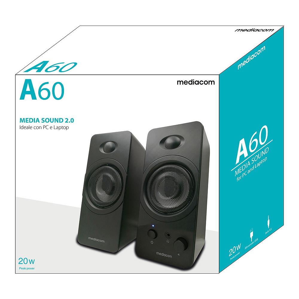 Media Sound 2.0 A60 Sistema di Altoparlanti Attivi per PC 2.0 Canali Potenza 10 Watt USB Colore Nero - Foto 4