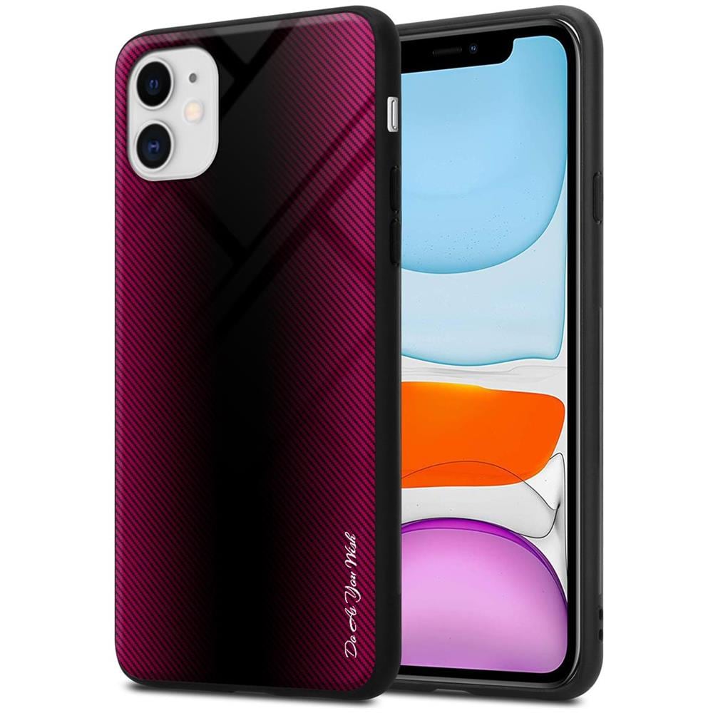 Custodia Compatibile Con Apple Iphone 11 - Ottica A Strisce In Cremisi Rosa - Coperchio Protettivo In Vetro Temperato E Silicone Tpu - Foto 1