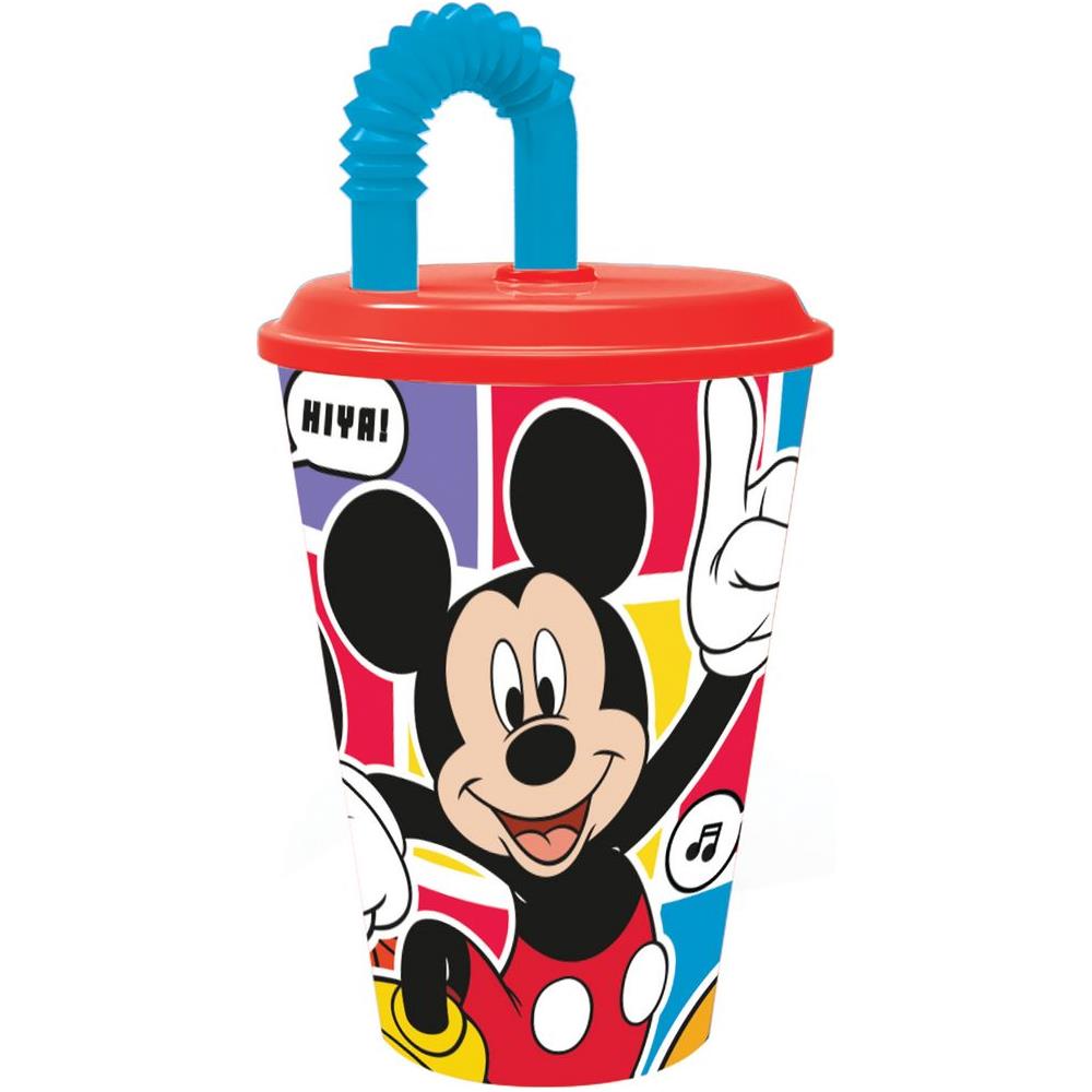 Disney Bicchiere Rosso E Azzurro Per Bambini In Plastica Mickey Mouse Topolino 430 Ml Con Cannuccia E Coperchio Flessibile - Foto 1