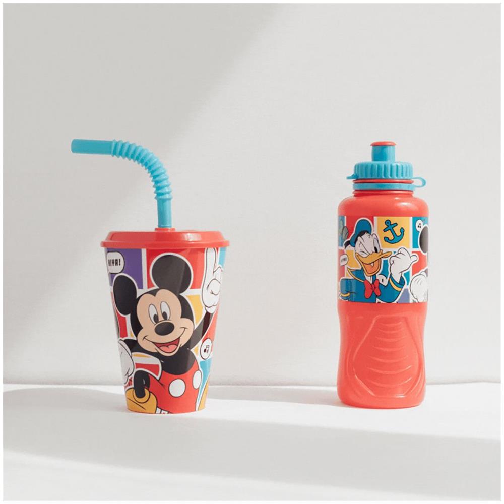 Disney Bicchiere Rosso E Azzurro Per Bambini In Plastica Mickey Mouse Topolino 430 Ml Con Cannuccia E Coperchio Flessibile - Foto 2