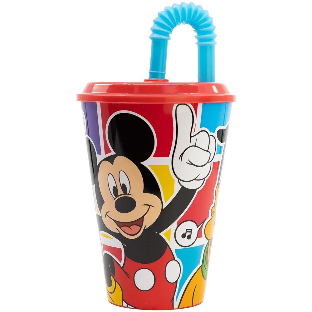 Disney Bicchiere Rosso E Azzurro Per Bambini In Plastica Mickey Mouse Topolino 430 Ml Con Cannuccia E Coperchio Flessibile - Foto 3