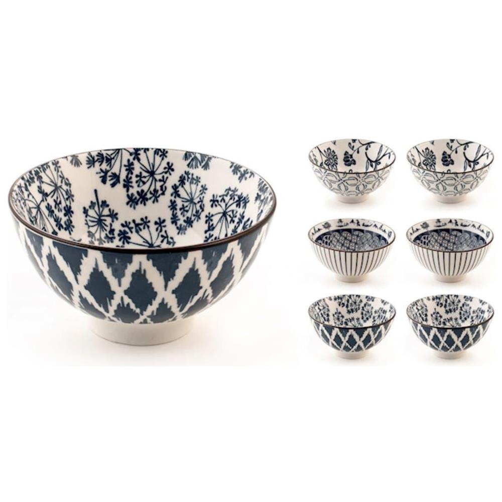 Set 3 coppe poke Seta assortite in porcellana avorio decorata blu cm 10 - Foto 1