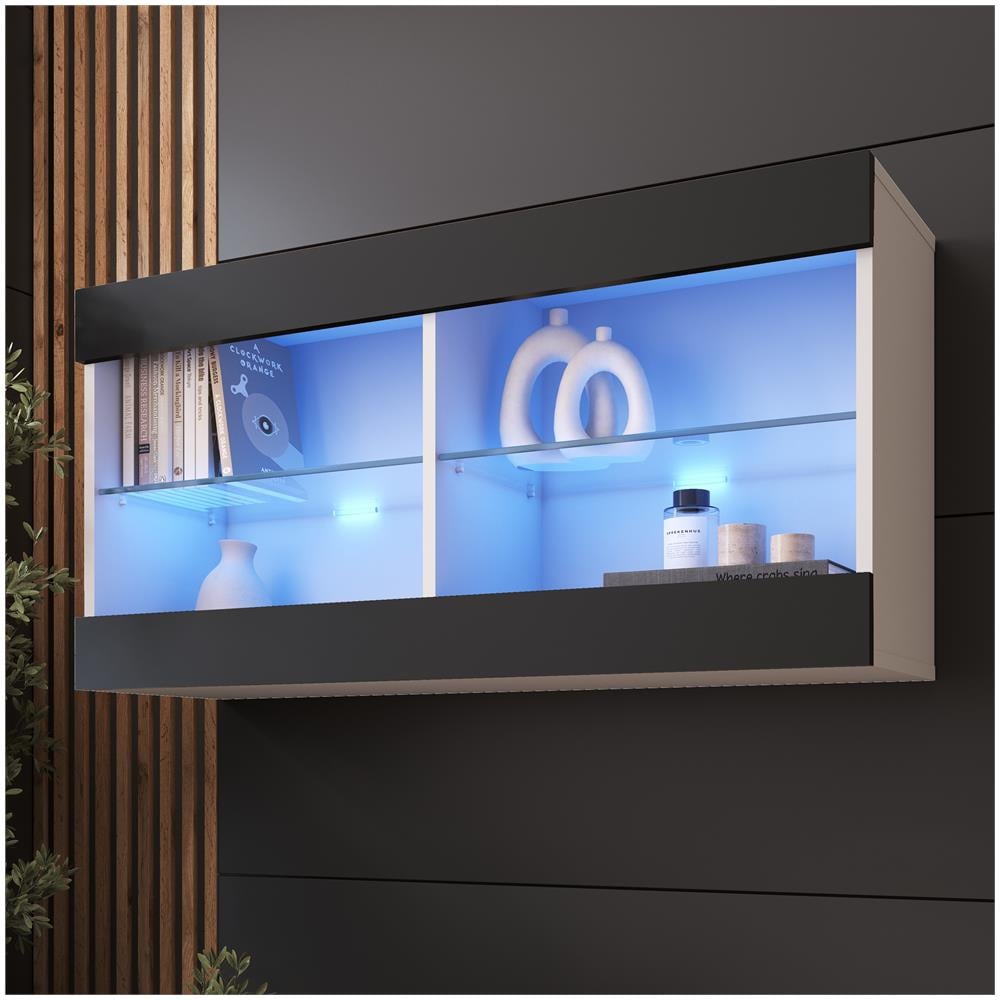 Komodee Tivoli Horizontal 100 Vetrina Sospesa, Bianco/nero, Illuminazione Led Blu, Larghezza 100 Cm X Altezza 50 Cm X Profondità 29 Cm, Per Soggiorno, Sala Da Pranzo - Foto 1