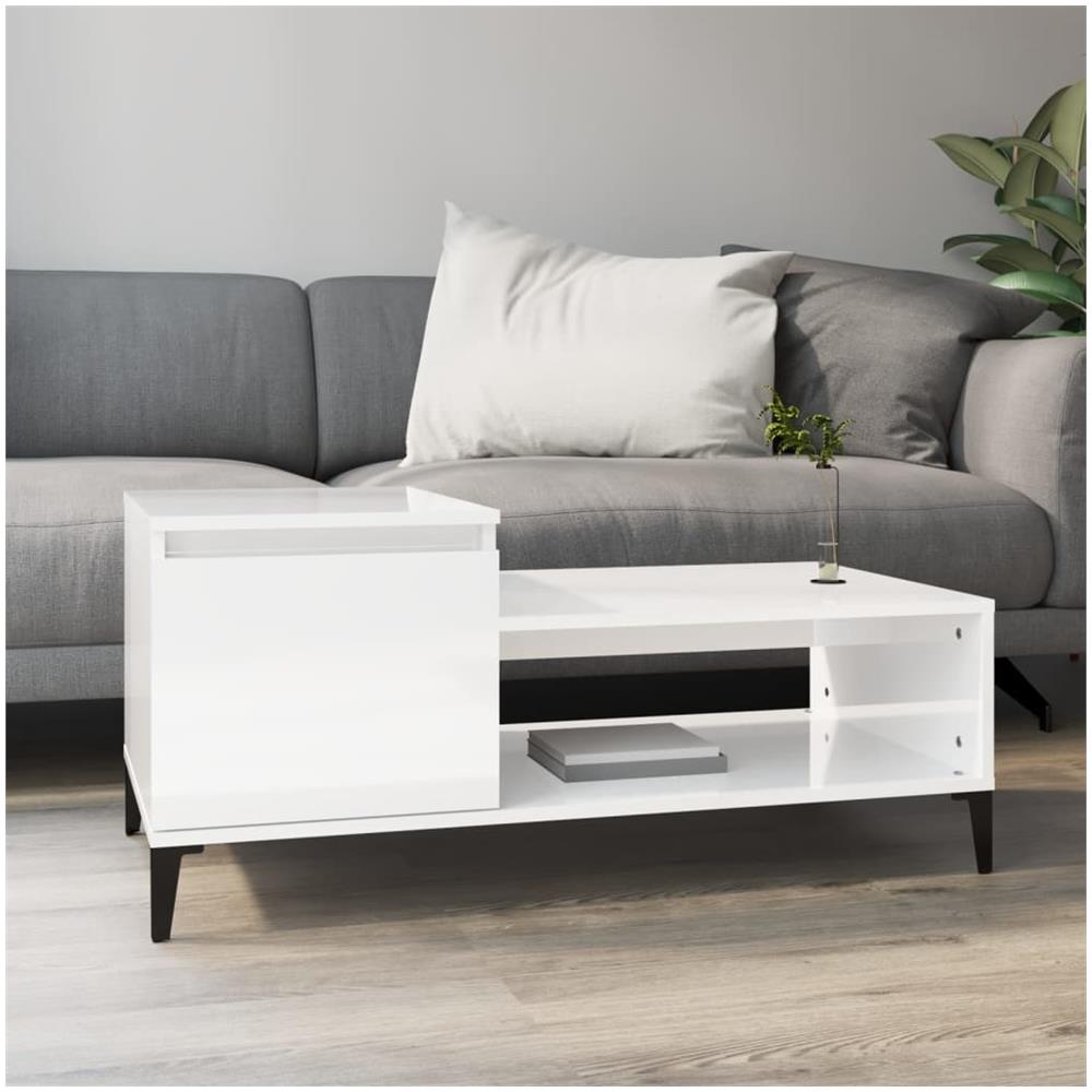 Tavolino Da Salotto Bianco Lucido 100x50x45cm Legno Multistrato - Foto 1