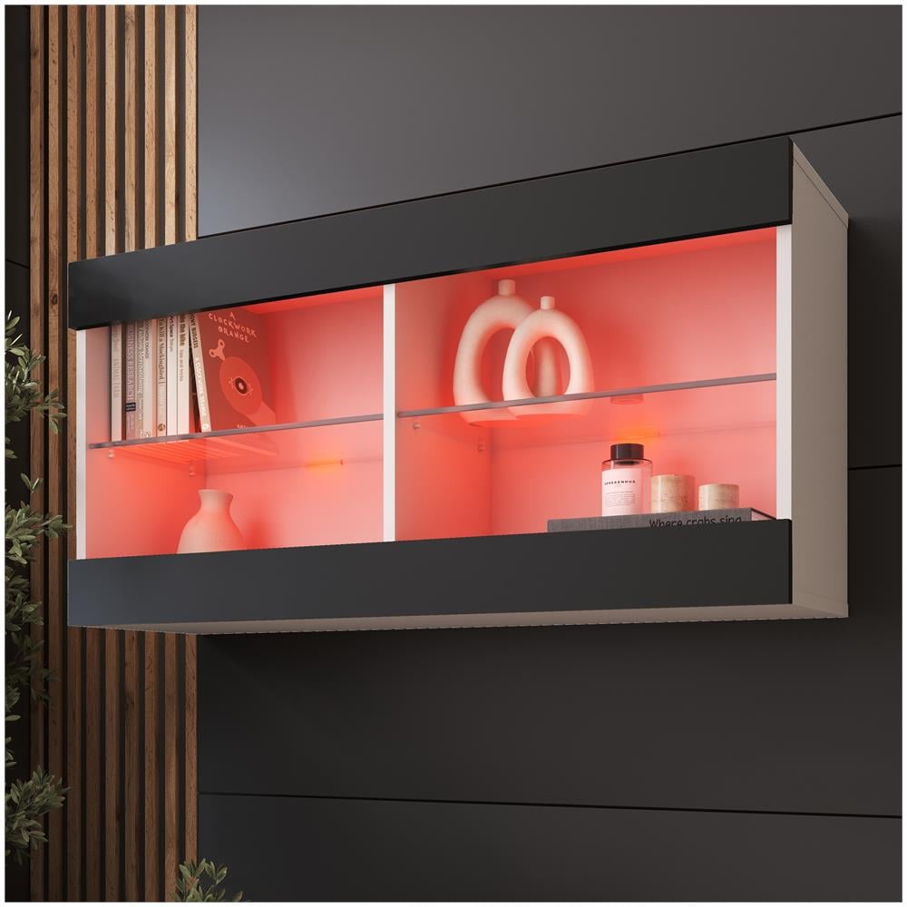 Komodee Tivoli Horizontal 100 Vetrina Sospesa, Bianco/nero, Illuminazione Led Multicolore Rgb, Larghezza 100 Cm X Altezza 50 Cm X Profondità 29 Cm, Per Soggiorno, Sala Da Pranzo - Foto 1
