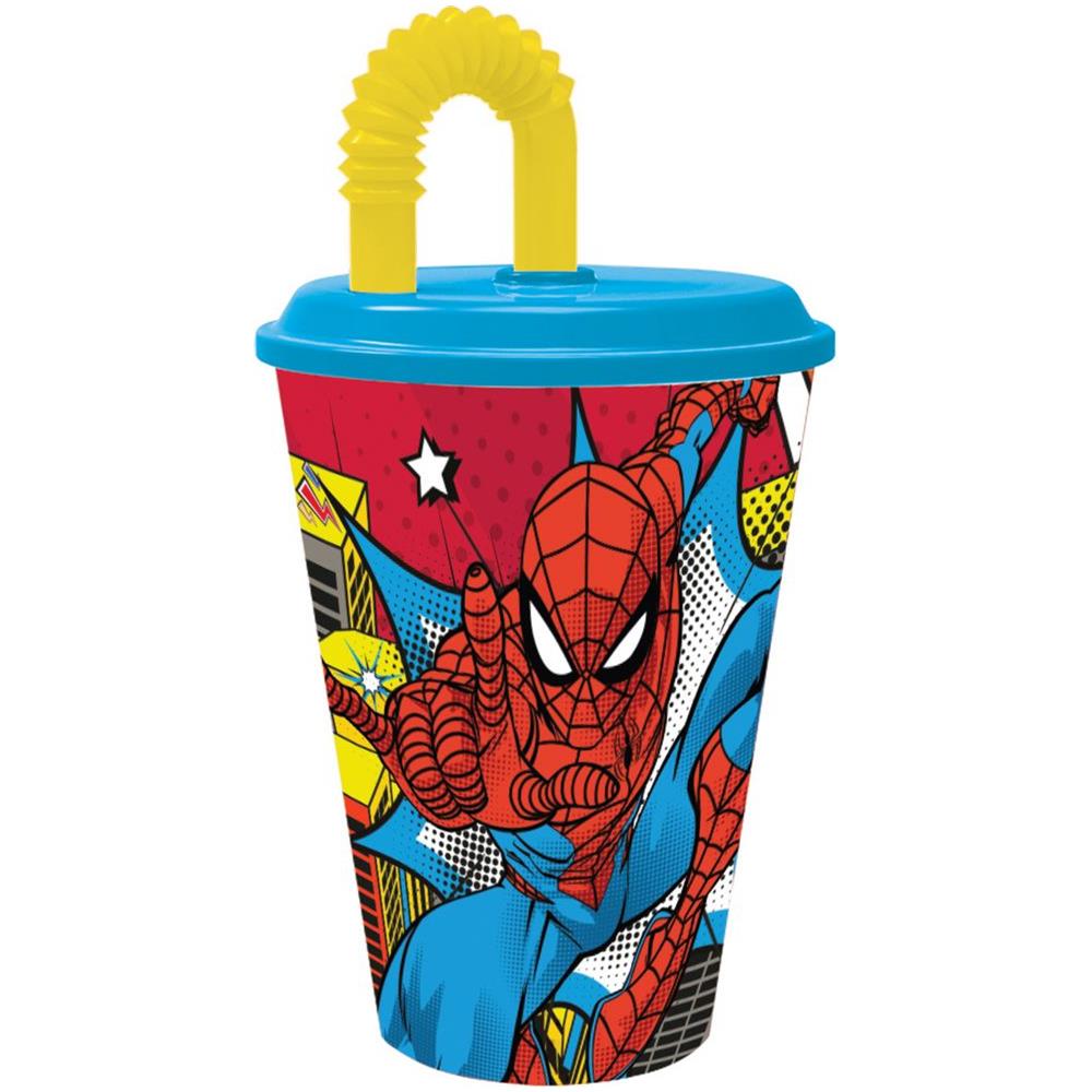 Bicchiere Azzurro E Giallo Per Bambini In Plastica Spiderman Uomo Ragno 430 Ml Con Cannuccia E Coperchio Flessibile - Foto 1