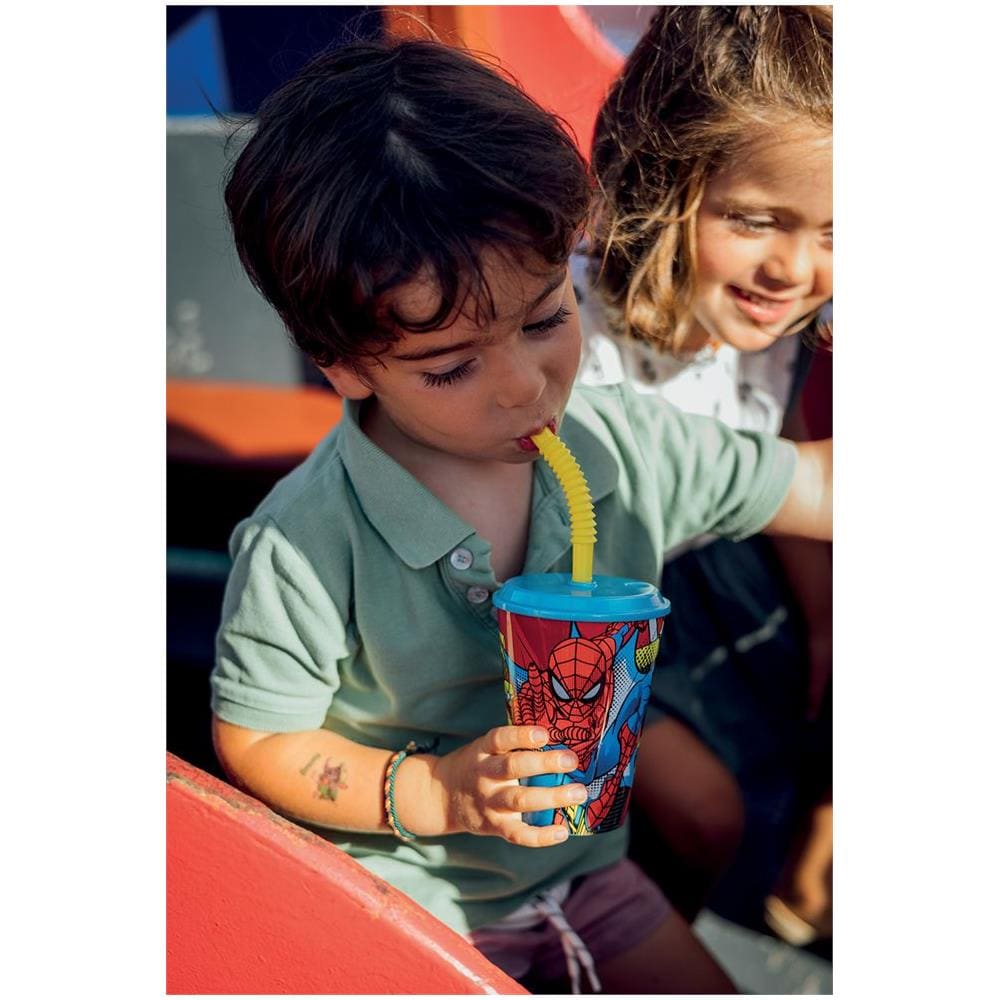 Bicchiere Azzurro E Giallo Per Bambini In Plastica Spiderman Uomo Ragno 430 Ml Con Cannuccia E Coperchio Flessibile - Foto 2