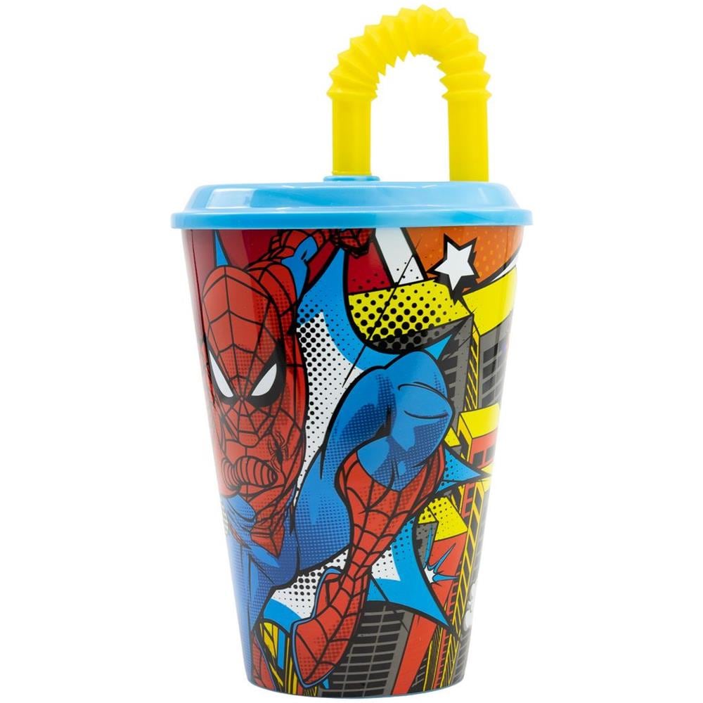 Bicchiere Azzurro E Giallo Per Bambini In Plastica Spiderman Uomo Ragno 430 Ml Con Cannuccia E Coperchio Flessibile - Foto 3