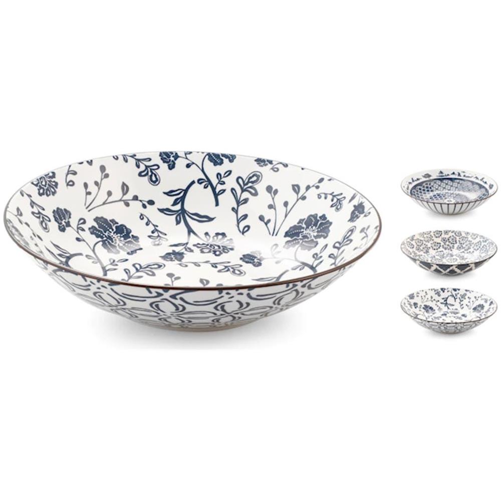 Set 3 coppe Poke Seta assortite in porcellana avorio decorata blu cm 23 - Foto 1