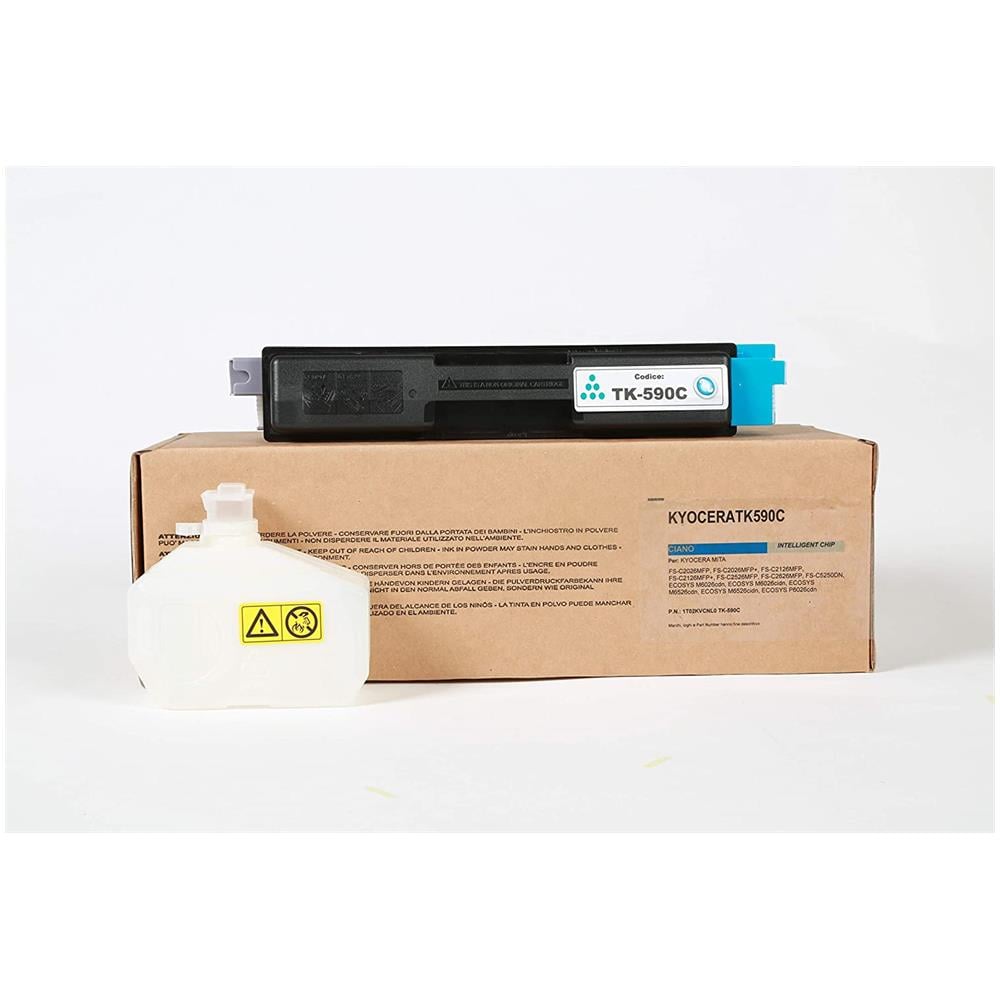 TONER COMPATIBILE -  Kyocera Tk-590c Ciano 1t02kvcnl0 Per Fs-c2026mfp, C2126mfp, C2526mfp, C2626mfp, C5250dn, Ecosys M6026cdn, M6526cdn, P6026cdn Fornito Di Intelligent Chip Capacità 5000 Copie Made In Italy - Foto 2