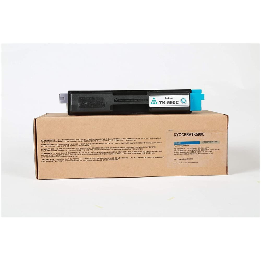 TONER COMPATIBILE -  Kyocera Tk-590c Ciano 1t02kvcnl0 Per Fs-c2026mfp, C2126mfp, C2526mfp, C2626mfp, C5250dn, Ecosys M6026cdn, M6526cdn, P6026cdn Fornito Di Intelligent Chip Capacità 5000 Copie Made In Italy - Foto 1