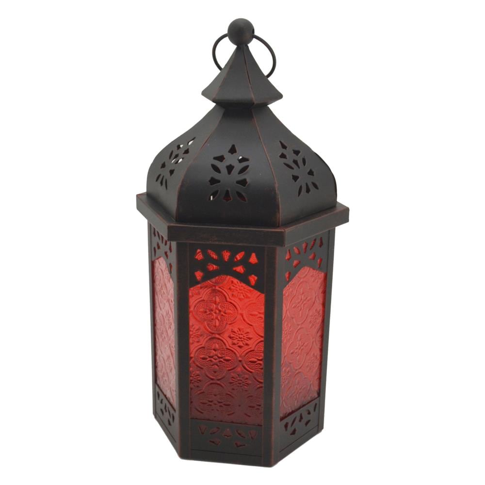 Portacandela Lanterna Metallo Vetro Nero Rosso Sala 32x16x14 - Foto 1