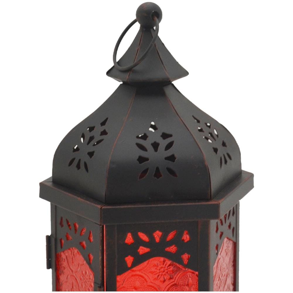 Portacandela Lanterna Metallo Vetro Nero Rosso Sala 32x16x14 - Foto 4