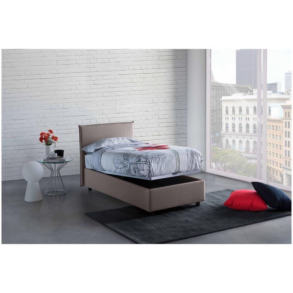 Letto Singolo Bruna, Letto Contenitore Con Rivestimento In Tessuto, 100% Made In Italy, Apertura Frontale, Adatto Per Materasso Cm 80x190, Tortora - Foto 1