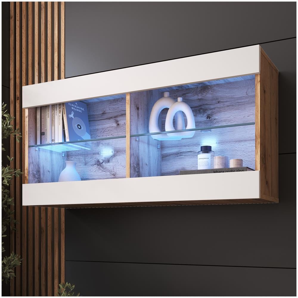 Komodee Tivoli Horizontal 100 Vetrina Sospesa, Rovere Wotan/bianco, Illuminazione Led Blu, Larghezza 100 Cm X Altezza 50 Cm X Profondità 29 Cm, Per Soggiorno, Sala Da Pranzo - Foto 1