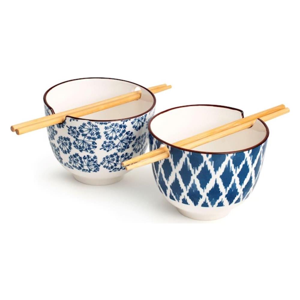 Set 2 boli Seta assortiti in porcellana avorio decorata blu cm 13x10h - Foto 1