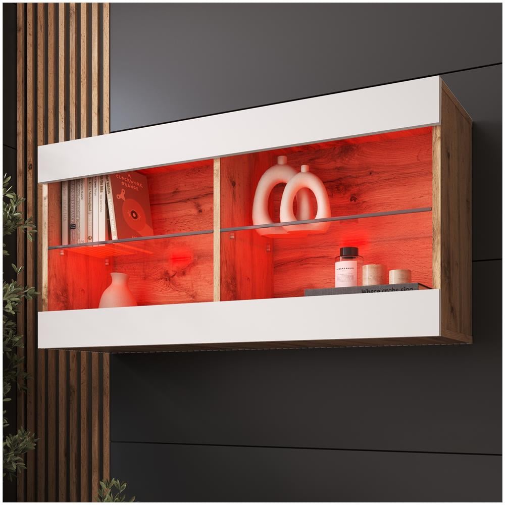 Komodee Tivoli Horizontal 100 Vetrina Sospesa, Rovere Wotan/bianco, Illuminazione Led Multicolore Rgb, Larghezza 100 Cm X Altezza 50 Cm X Profondità 29 Cm, Per Soggiorno, Sala Da Pranzo - Foto 1